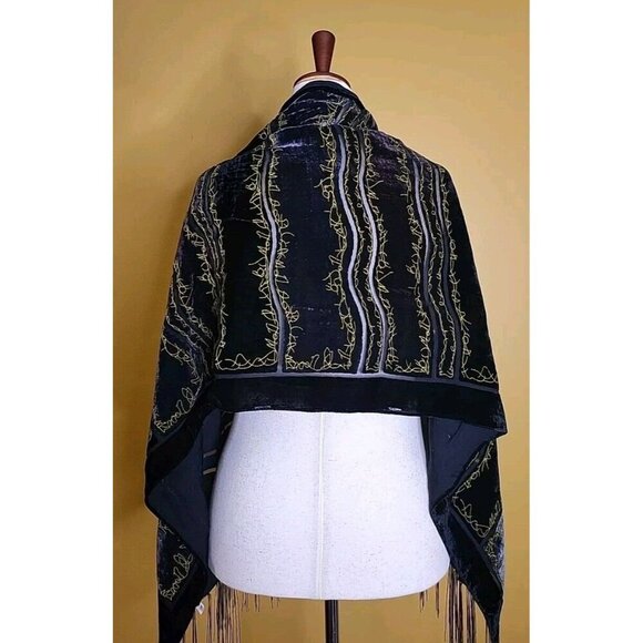 Scarf Shawl Velvety Burnout Stripe Tassled Black Purple Gold Womens 62 X 20 - Picture 4 of 9